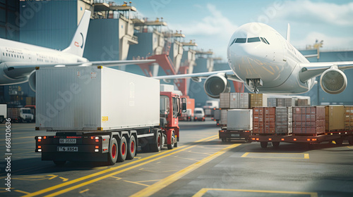 Global Supply Chain: Business Logistics in Action with Plane Truck and Train