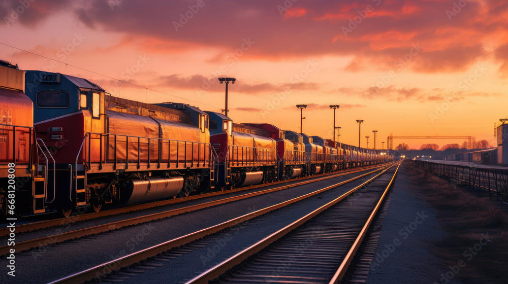 Train Yard at Dusk: Freight Trains Lined Up Ready for Cross-Country Transport Train Yard at Dusk: Freight Trains Lined Up Ready for Cross-Country Transport