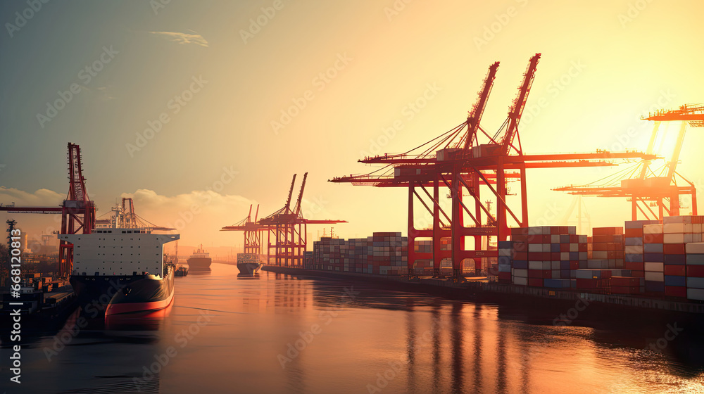 Shipping Port at Sunrise: Cargo Ships Docked Cranes Unloading Containers