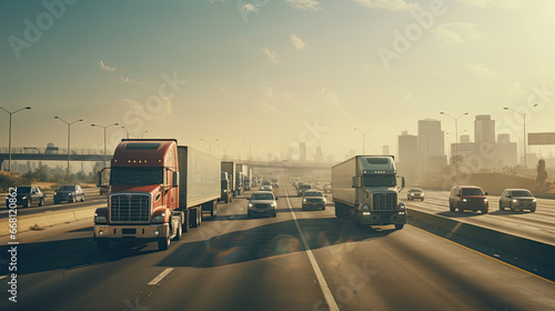Highway Logistics: Trucks Transporting Goods on a Busy Freeway Network