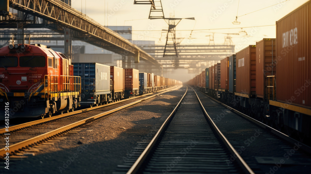 Rail Freight Terminal: Trains Arriving and Departing Containers Being Shifted