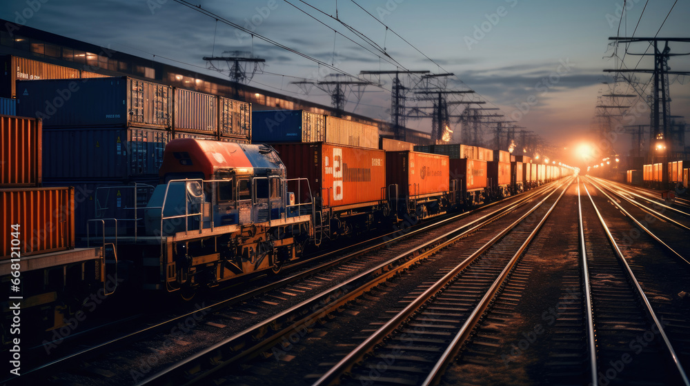 Railway Freight Yard: Multiple Trains Loaded with Containers Ready for Dispatch