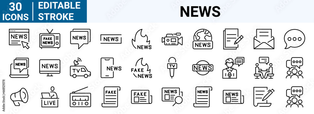 set of 30 line web icons. Fake News. Wrong Information, live, Propaganda, Inappropriate Content. Editable Stroke. Collection of Outline Icons. Vector illustration. set of 30 line web icons. Fake News. Wrong Information, live, Propaganda, Inappropriate Content. Editable Stroke. Collection of Outline Icons. Vector illustration.