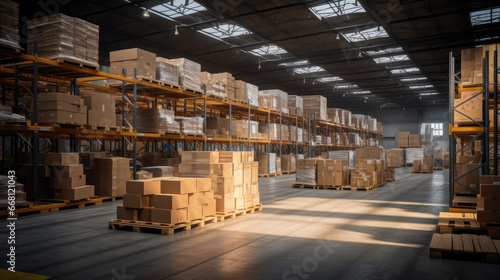 Logistics Warehouse Interior: Pallets of Goods Ready for Shipment Organized by Category