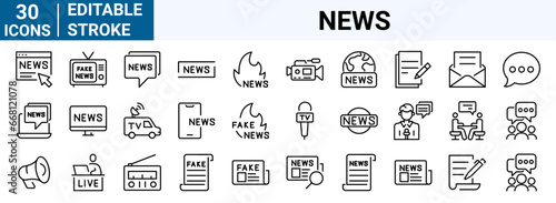 set of 30 line web icons. Fake News. Wrong Information, live, Propaganda, Inappropriate Content. Editable Stroke. Collection of Outline Icons. Vector illustration.