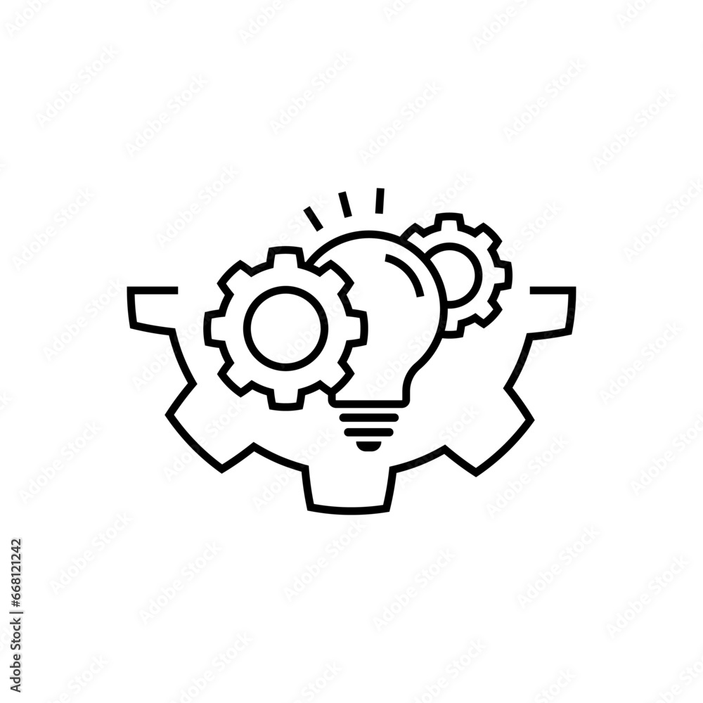 The interaction of a light bulb and gears. Improving functionality opportunity. Modernization technical capabilities. Vector linear icon isolated on white background. The interaction of a light bulb and gears. Improving functionality opportunity. Modernization technical capabilities. Vector linear icon isolated on white background.