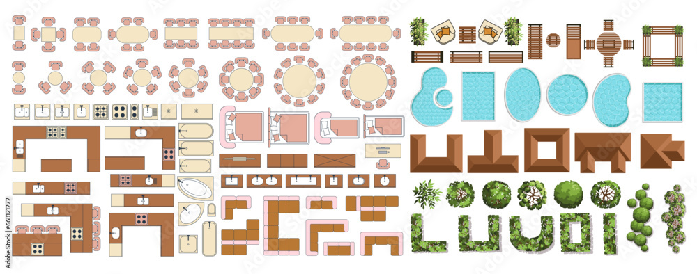 Fototapeta premium Furniture for the floor plan and master plan. Top view of furniture, trees, polls, houses, etc. Perfect for interior mood boards and planning sketches. Architectural.