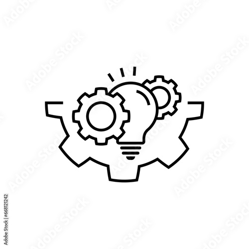 The interaction of a light bulb and gears. Improving functionality opportunity. Modernization technical capabilities. Vector linear icon isolated on white background.