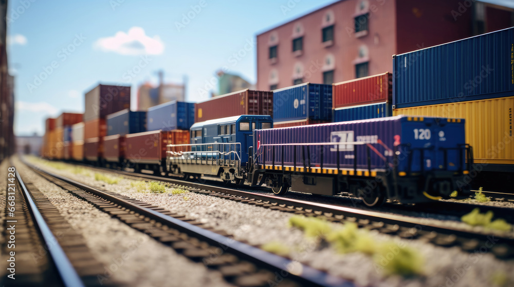 Freight Train Passing Through Urban Area: Containers Rolling Past Buildings