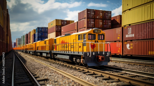 Freight Train Passing Through Urban Area: Containers Rolling Past Buildings