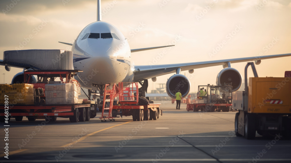 Fototapeta premium International Airport Operations: Planes Loading Cargo Trucks Ready for Freight Pickup