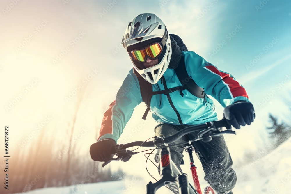 Cyclist practicing winter extreme sport. Man in warm winter sport equipment on bicycle. Generate ai Cyclist practicing winter extreme sport. Man in warm winter sport equipment on bicycle. Generate ai