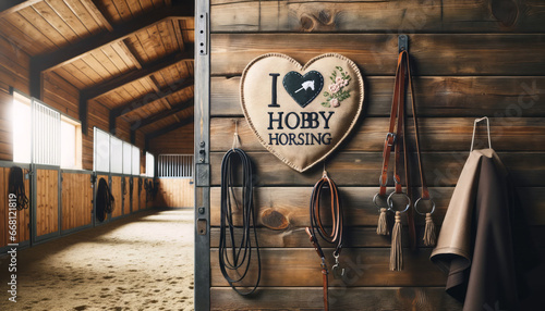 Hobby Horse Horsing Herz gezeichnet gestickt an einer Holzwand im Stall mit Halfter und Trense Zügel Steckenpferd Hindernisse Hürde