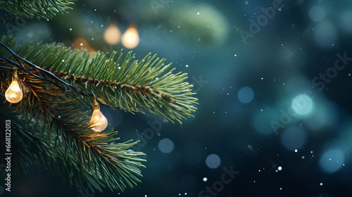 Christmas Pine Tree Branch with Christmas Lights Bokeh