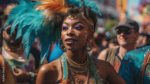 Beautiful African American woman enjoying herself at Mardi Gras in New Orleans. Generative AI photo