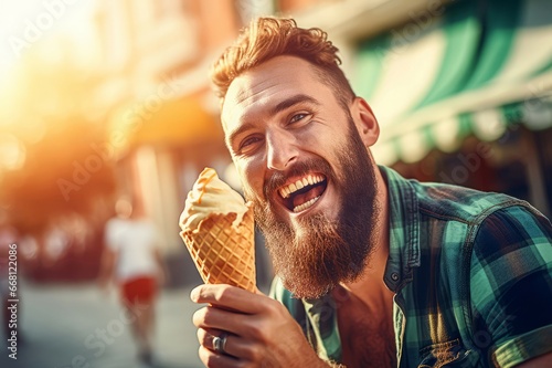 Delighted bearded man with ice cream. Happy male holding cone ice-cream on the street. Generate ai photo