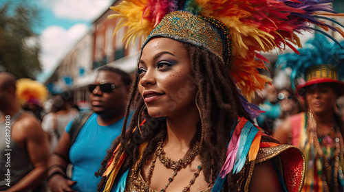Beautiful African American woman enjoying herself at Mardi Gras in New Orleans. Generative AI