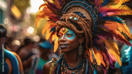 Beautiful African American woman enjoying herself at Mardi Gras in New Orleans. Generative AI