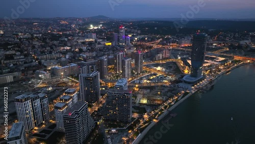 Aerial Drone Night Shot of Belgrade city, Serbia. Capital in Blue Hour and Night time, View from above. photo