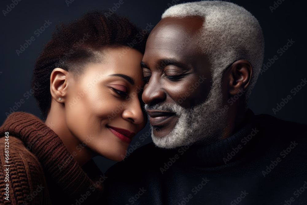 Happy mature couple hugging and smiling, mixed race seniors Happy mature couple hugging and smiling, mixed race seniors
