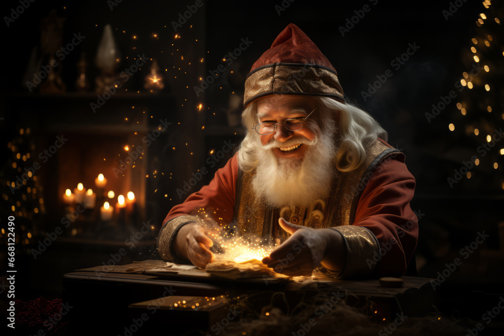 Santa Claus or Saint Nicholas makes a magic at home. Christmas fairytale