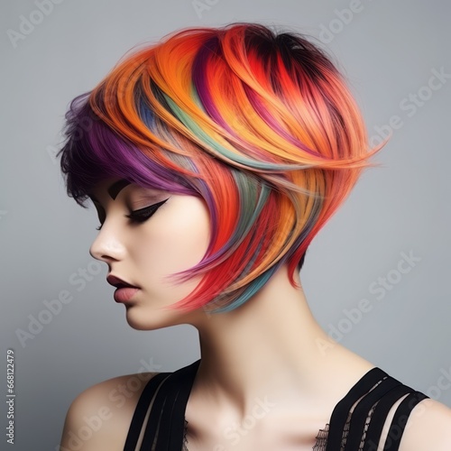 Portrait of a woman with bright colored flying hair, all shades. Hair coloring, beautiful lips and makeup. Hair fluttering in the wind. Sexy girl with short hair. Professional coloring