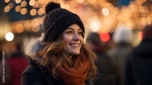 Christmas Portrait of happy woman on street, snow and joy walk in evening. Christmas holiday mood, smile on woman face © Mars0hod