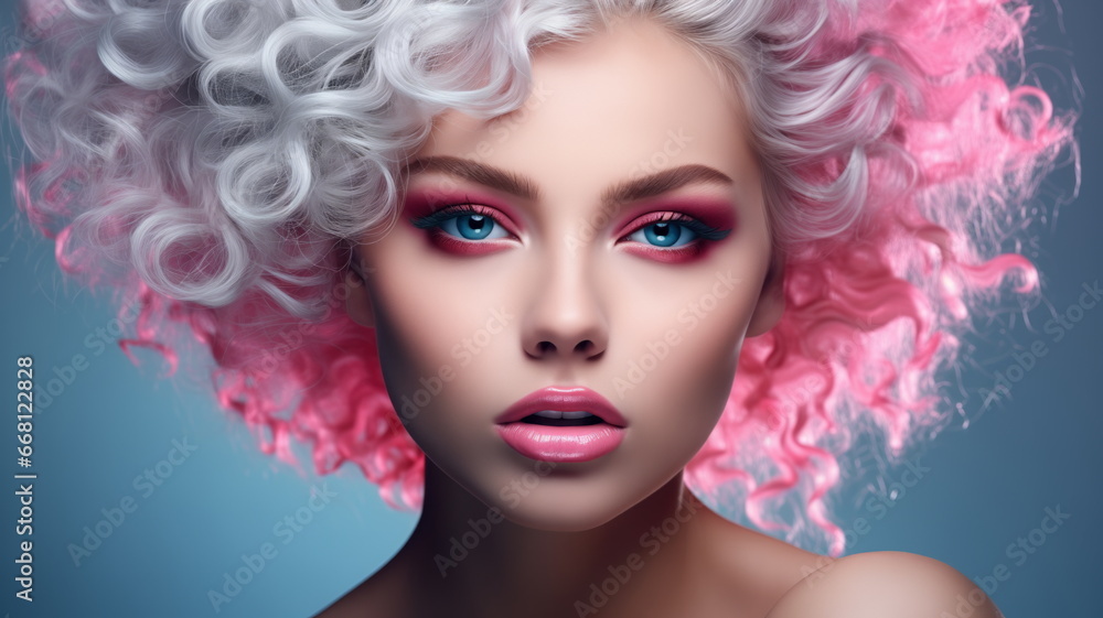 Beauty fashion portrait, makeup close-up, eye shadow bright lipstick. Flower petals background