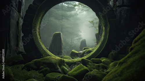 Round stone portal in the forest, an abandoned temple. Path made of stones in the forest