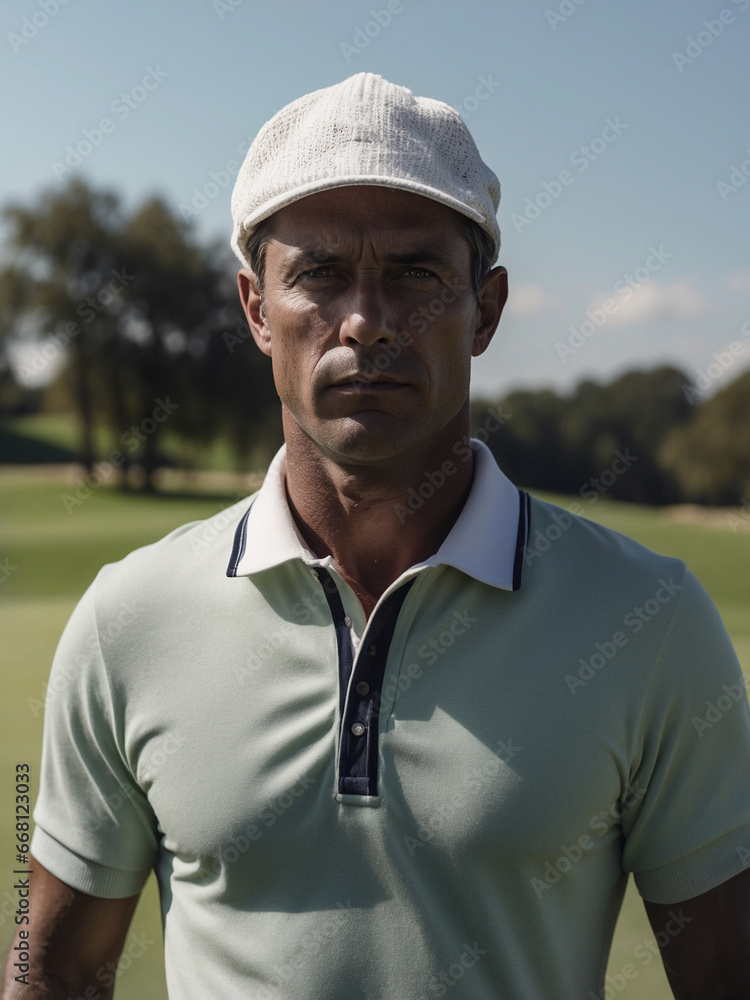 Portrait of golfer on golf course sunny day Portrait of golfer on golf course sunny day