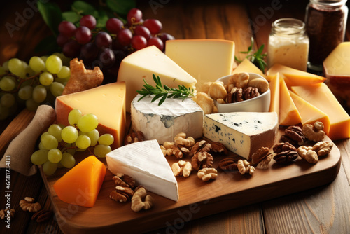 Assortment of cheeses, grapes, nuts and herbs, on a dark rustic wooden table close up