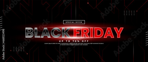 Black Friday banner design in black and red with light elements