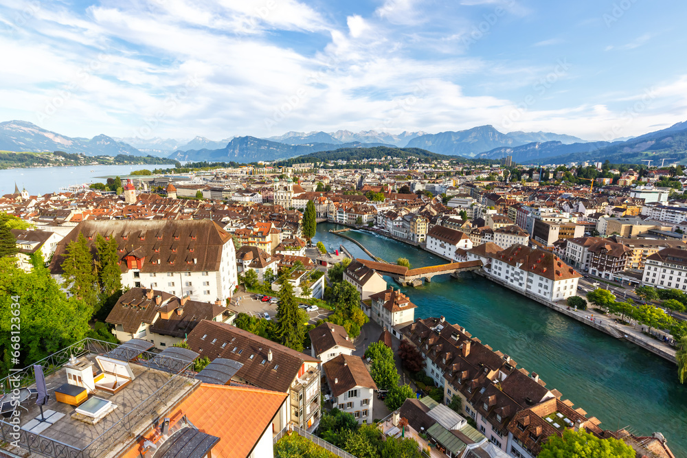 Lucerne city at Reuss river and lake with Spreuerbrücke bridge from above in Switzerland
