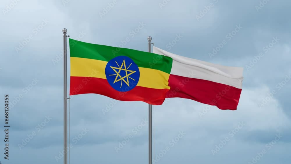 Poland and Ethiopia flag waving together on cloudy sky, endless seamless loop, two country cooperation concept Poland and Ethiopia flag waving together on cloudy sky, endless seamless loop, two country cooperation concept