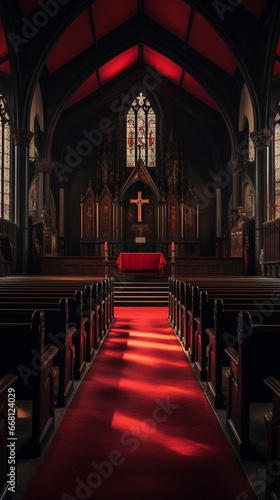 A red church in the dark