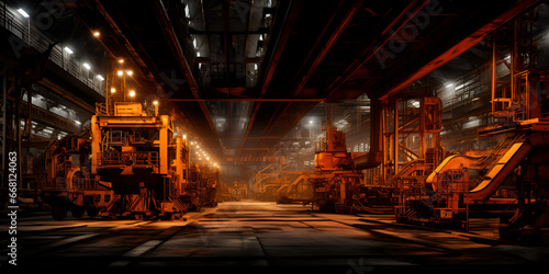 A warehouse with a light on the ceiling and a light on the floor empty industrial scene lighting with lights shining A factory with a fire in the air Ai Generative  