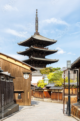 Historical old town of Kyoto with Yasaka Pagoda and Hokan-ji Temple portrait format in Japan