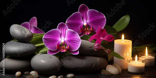 Spa stones and orchid flowers with candles and dark black background Relaxing with Orchids and Stones Candlelit Spa Elegance Ai Generative 