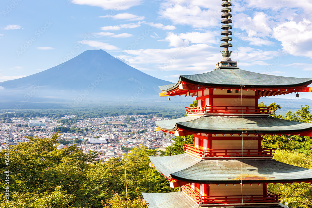 View of mount Fuji with Chureito Pagoda at Arakurayama Sengen Park in Japan