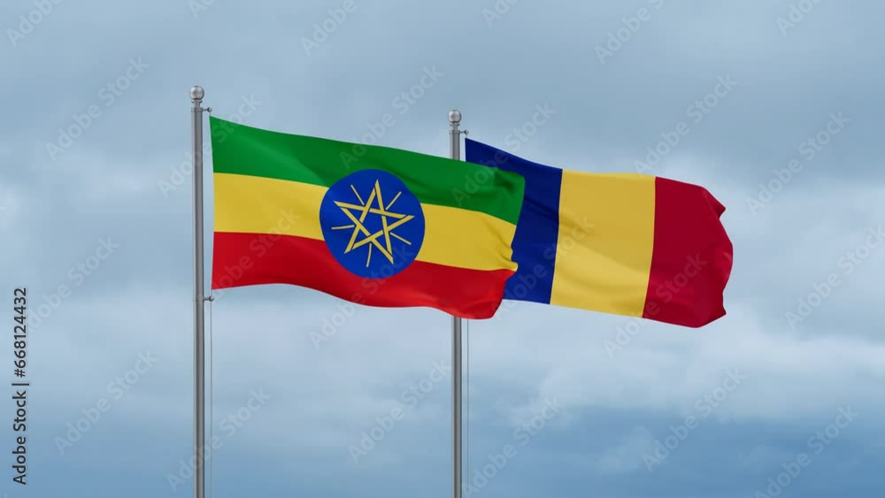 Romania and Ethiopia flag waving together on cloudy sky, endless seamless loop, two country cooperation concept Romania and Ethiopia flag waving together on cloudy sky, endless seamless loop, two country cooperation concept