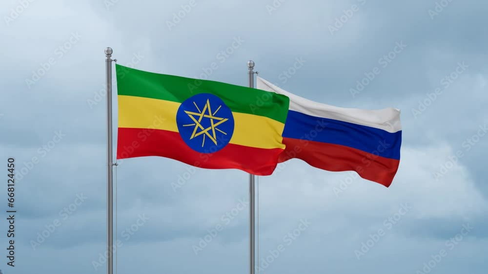 Russian Federation and Ethiopia flag waving together on cloudy sky, endless seamless loop Russian Federation and Ethiopia flag waving together on cloudy sky, endless seamless loop