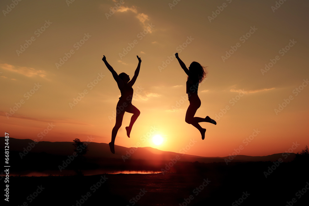 Celebrating Freedom: Two Figures Jumping in the Air Amidst a Mountainous Sunset, ai generative Celebrating Freedom: Two Figures Jumping in the Air Amidst a Mountainous Sunset, ai generative
