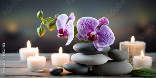 A spa with a flower arrangement on top of rocks and candles candles and orchids are placed on a table with stones and a green leave with grey blurred background Ai Generative 
