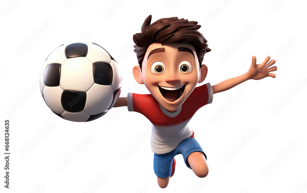 Crazy Boy Playing with a Soccer Football 3D Character Isolated on Transparent Background PNG.