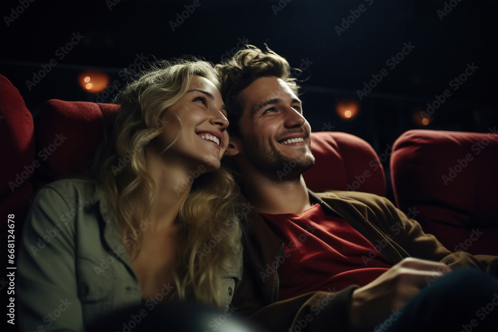Happy family couple man and woman together at cinema. Girlfriend and boyfriend with popcorn sitting and watching a movie in theater Happy family couple man and woman together at cinema. Girlfriend and boyfriend with popcorn sitting and watching a movie in theater