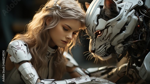 Cyborg blonde woman with her cyborg big white cat from a fantastic future