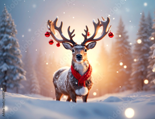 Fotografiet Christmas Rudolph reindeer in winter forest