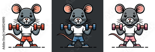 Gym rat lifting weights illustration. Dumbbell funny gym and fitness logo concept. Fit family drawing. Pet strength training outline flat design. Minimalist vector for digital and printable products.