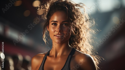 A tired but satisfied strong woman athlete has run a difficult distance on a sports track photo