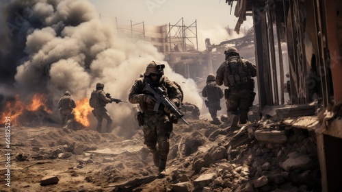 Group of mercenary soldiers during the cleansing of a captured city. Moving deeper into dilapidated areas and cleaning. Infantrymen during a special operation.